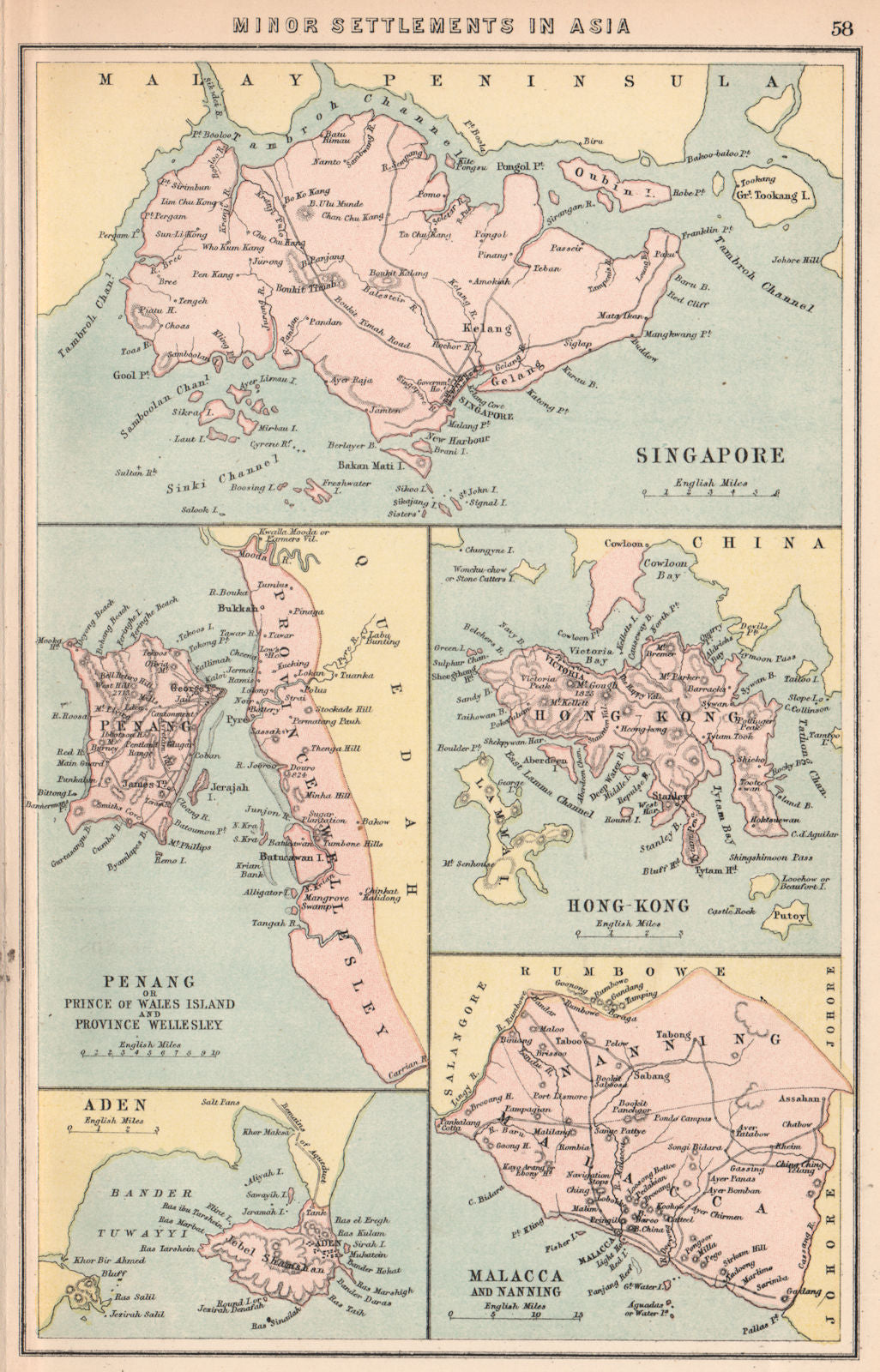 BRITISH EAST ASIAN COLONIES. Singapore Penang Hong Kong Malacca 1878 old map